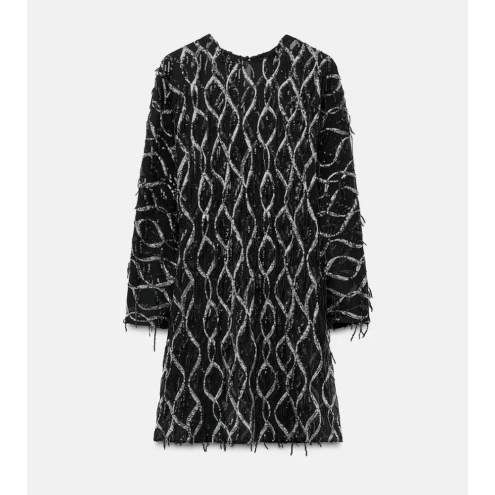 SILVER AND BLACK SEQUIN FRINGED MINI DRESS